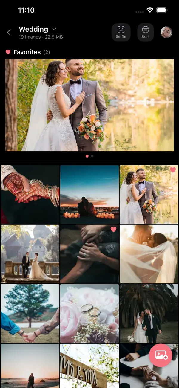 Piclolo on iPhone: a shared album called Wedding, with favorite photos at the top and everyone’s photos below